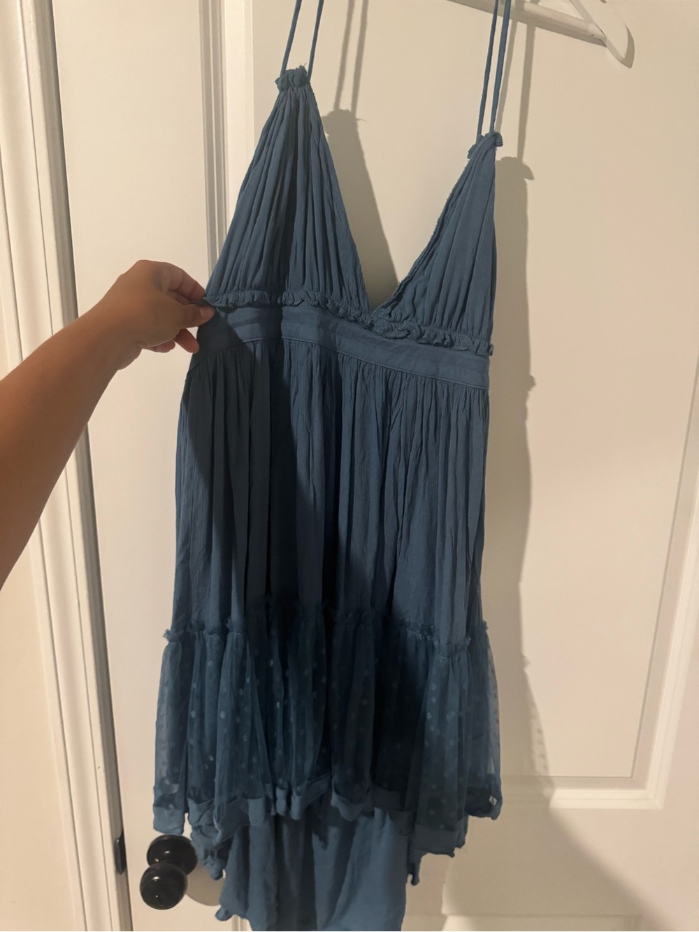 Blue Spaghetti-Strap Tiered Mini Dress